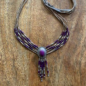 Sterling Liquid Silver and Purple Beaded Native American Necklace 1970's